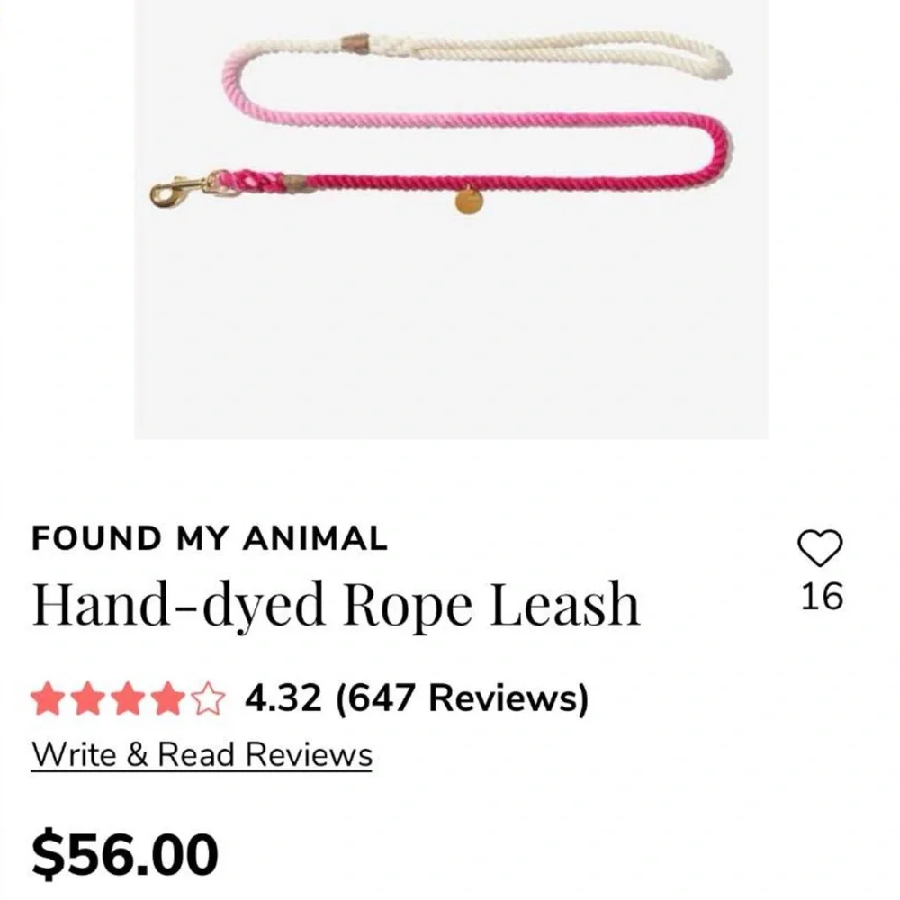 🐶💕 Found My Animal Hand-dyed Pink Ombré 5’ Rope Leash NWT